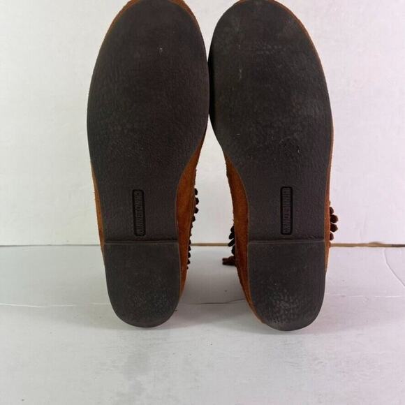 Minnetonka Moccasin Shoes Womens 4 Brown Fringe Back Zip Moc Ankle Suede Flats - Picture 5 of 12